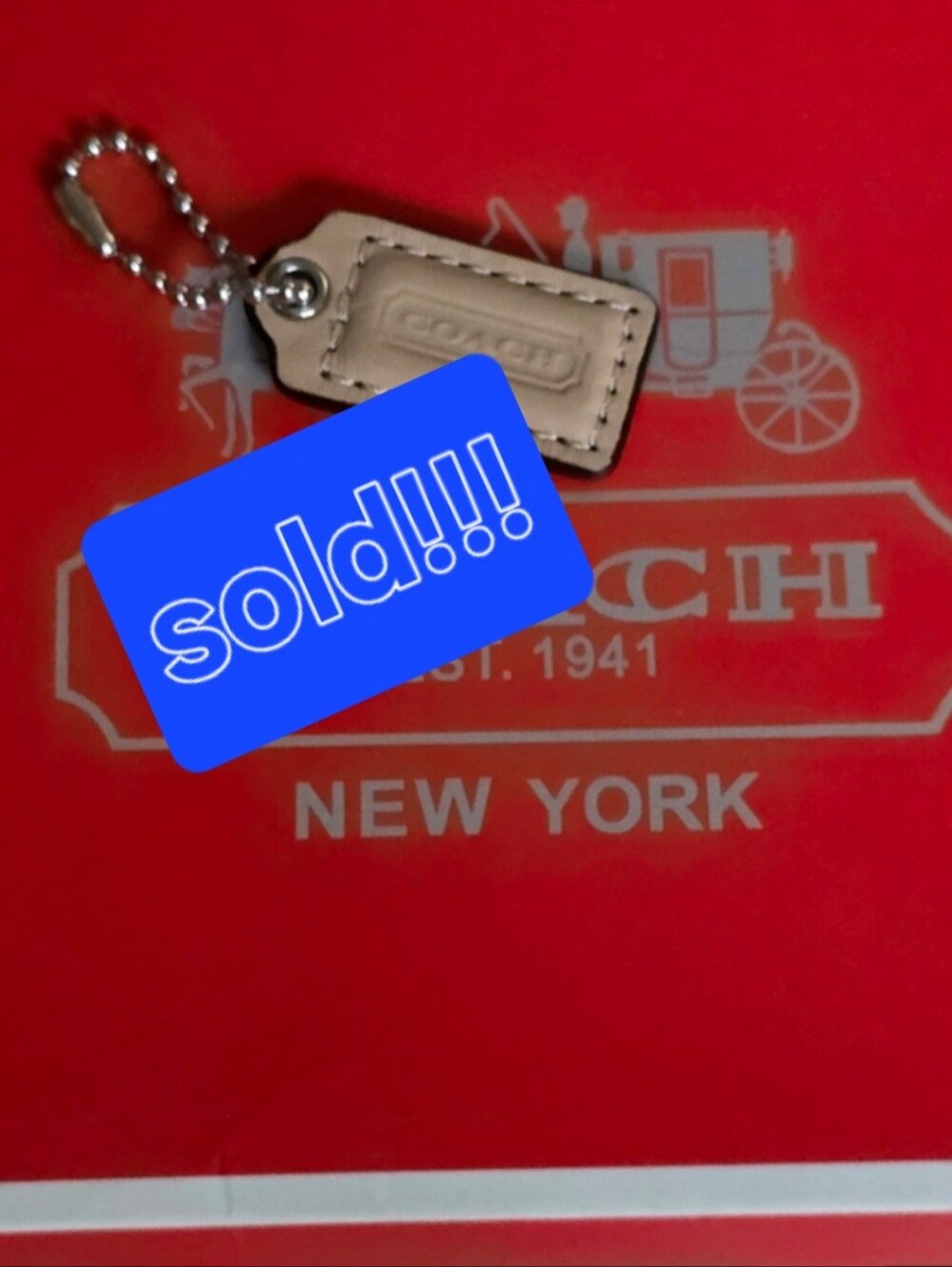 Coach Beige Leather Mini Hangtag with Silver Ball Chain